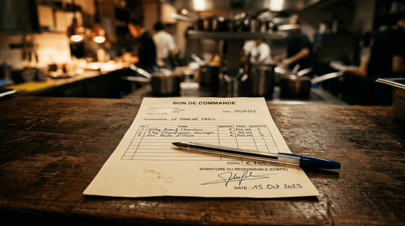 Bon de commande restaurant imprimé, signé et daté sur plan de travail bois