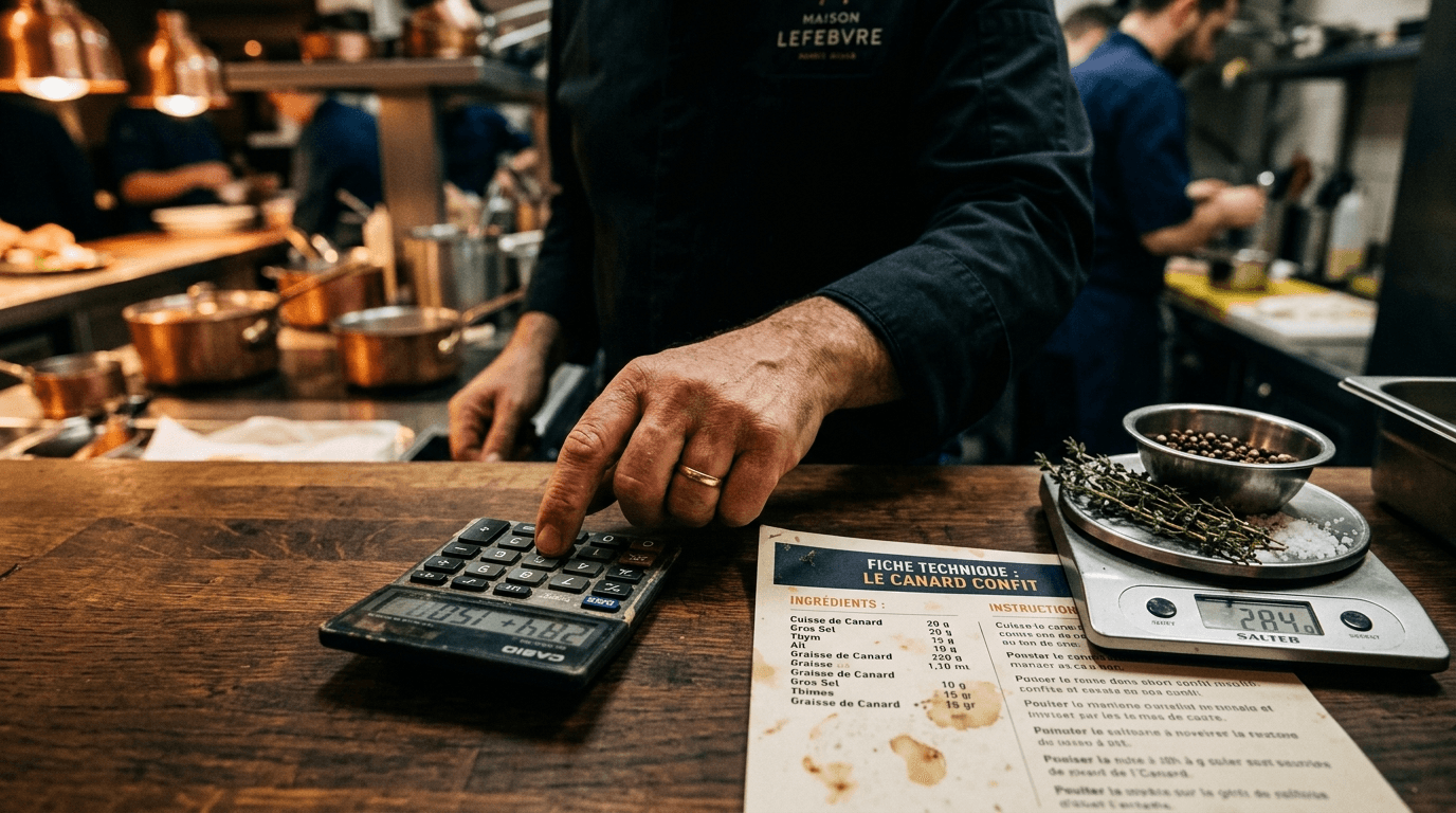 Main de chef avec calculatrice, fiche technique et balance sur plan de travail bois