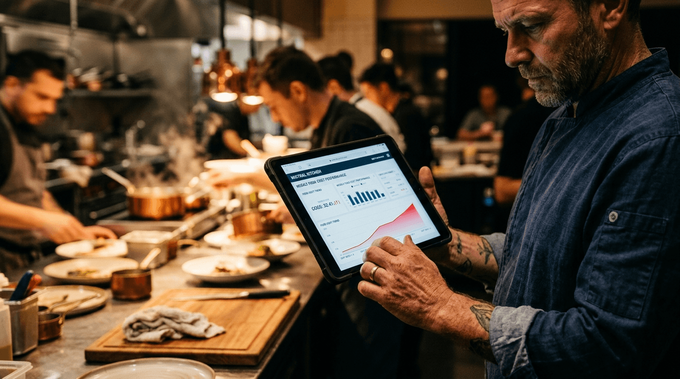 Main de chef tenant une tablette avec graphique de food cost dérivant, cuisine floue en arrière-plan