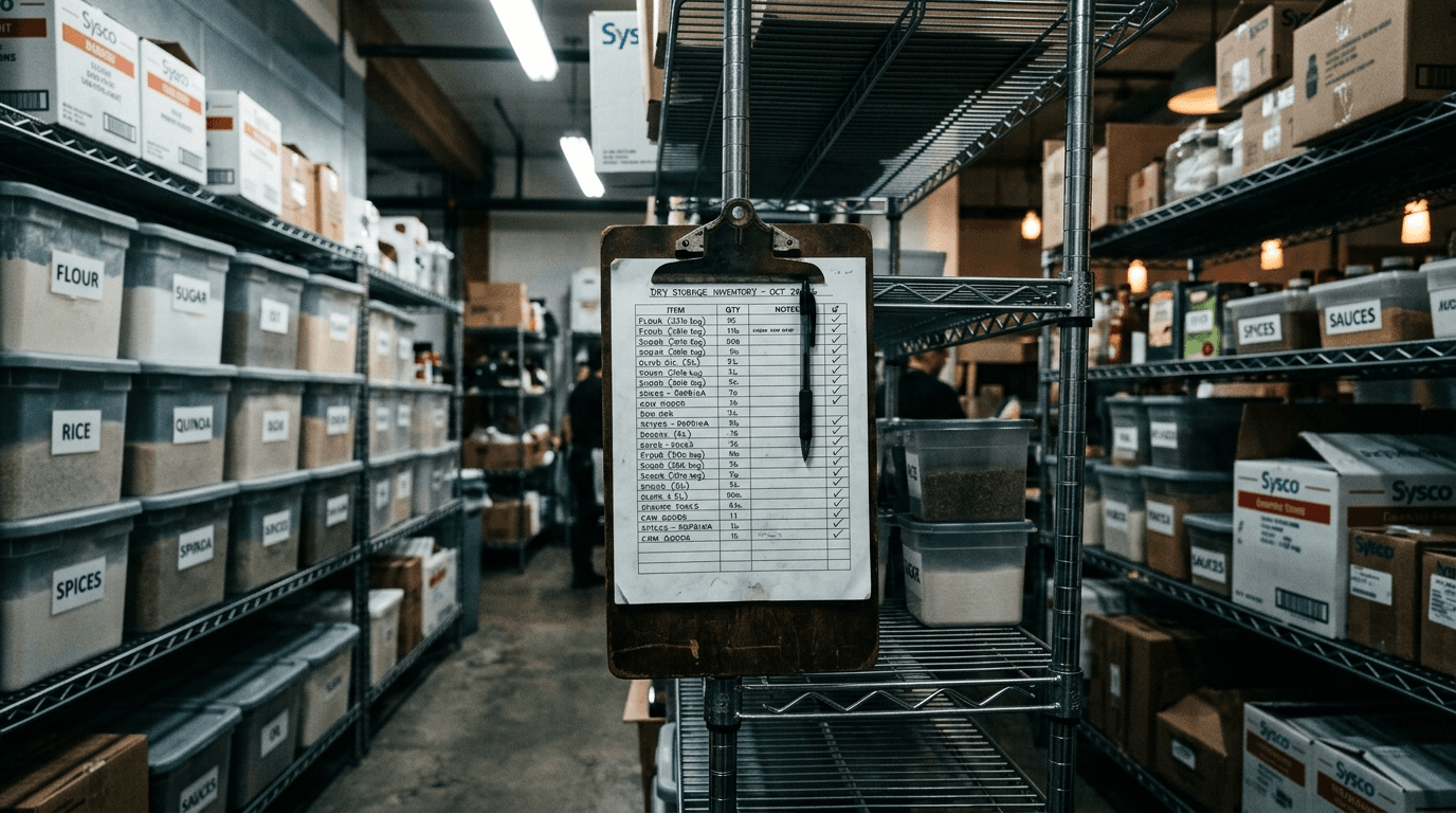 Étagères de stockage avec clipboard d'inventaire et bacs étiquetés en cours de comptage