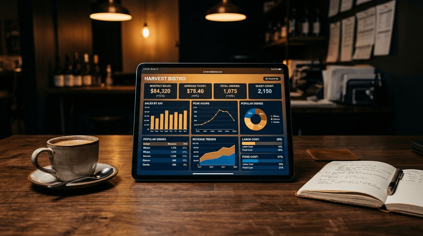 iPad affichant un dashboard KPI restaurant avec graphiques et ratios sur bureau bois
