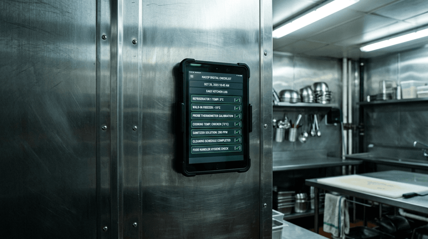 Tablette HACCP fixée au mur inox avec checklist digitale et validations vertes