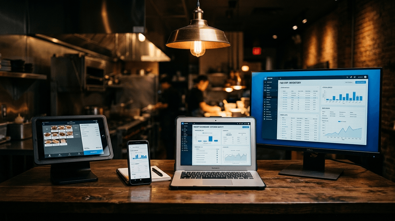 Quatre appareils alignés — tablette POS, smartphone back-office, laptop HACCP, écran ERP — sur table bois
