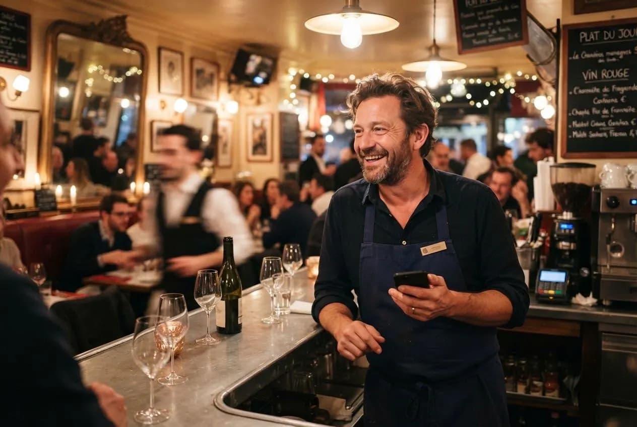 Un patron de bistrot derrière son comptoir en plein service, téléphone à la main