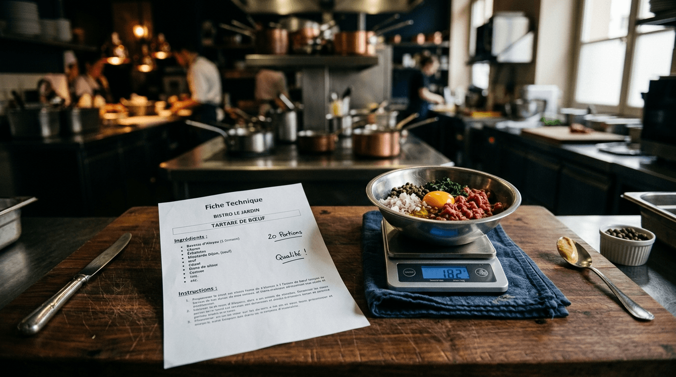 Fiche technique imprimée et balance digitale sur plan de travail bois dans une cuisine de bistro professionnel Fiche technique imprimée et balance digitale sur plan de travail bois dans une cuisine de bistro professionnel