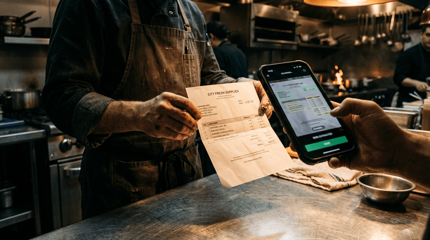 Mains d'un chef tenant une facture fournisseur scannée par smartphone avec OCR sur plan de travail inox Mains d'un chef tenant une facture fournisseur scannée par smartphone avec OCR sur plan de travail inox
