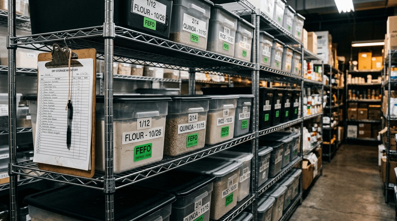 Étagères de stockage professionnel avec bacs étiquetés et dates DLC, système FEFO visible Étagères de stockage professionnel avec bacs étiquetés et dates DLC, système FEFO visible