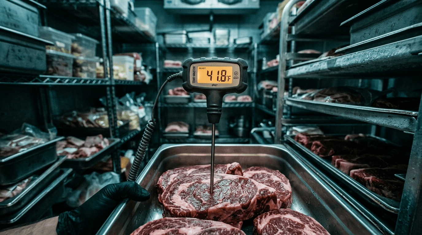Sonde thermomètre digital dans un plat de viande crue en chambre froide, lecture de température visible Sonde thermomètre digital dans un plat de viande crue en chambre froide, lecture de température visible
