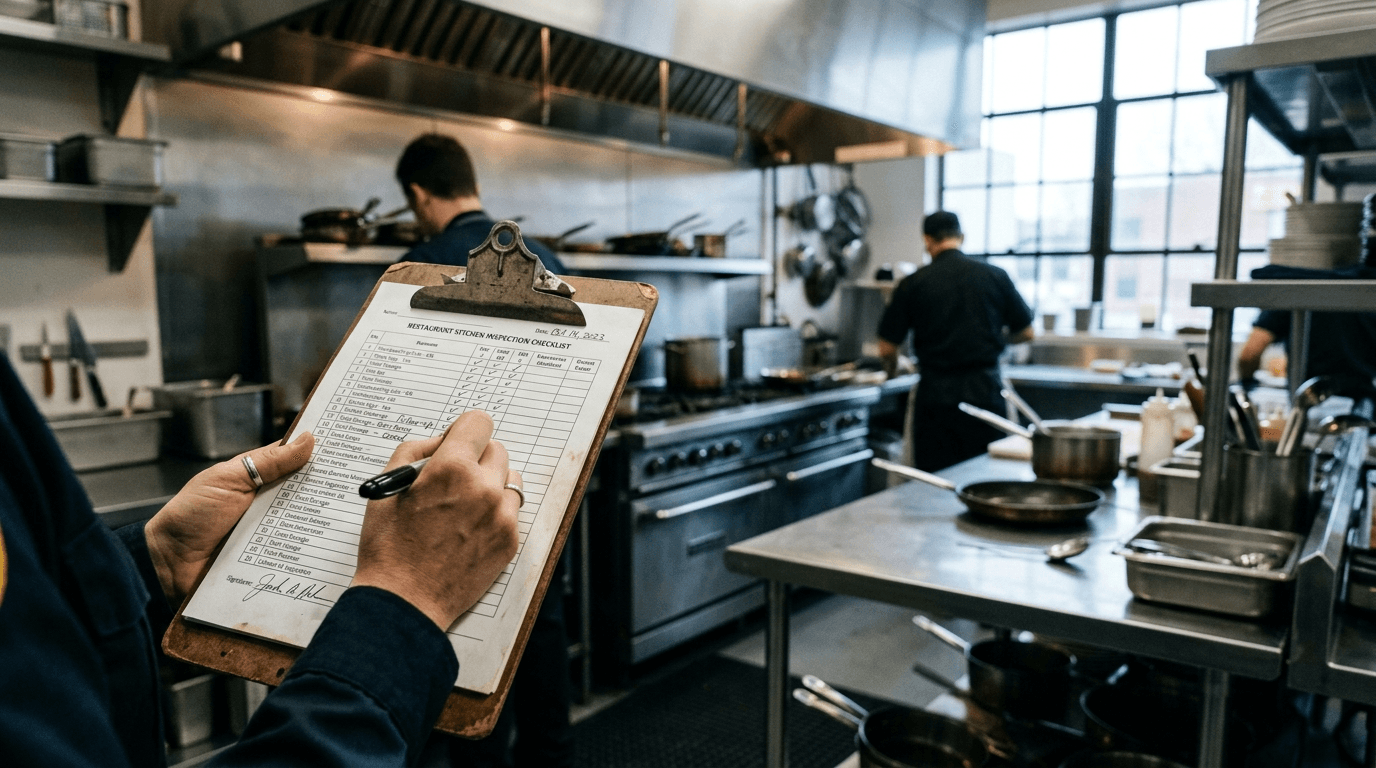 Main tenant clipboard de contrôle DDPP dans cuisine professionnelle avec inox en arrière-plan Main tenant clipboard de contrôle DDPP dans cuisine professionnelle avec inox en arrière-plan
