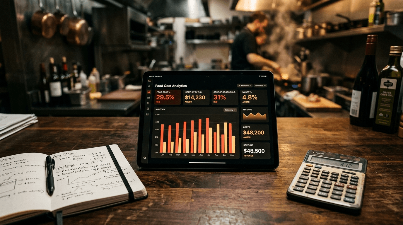 Tablette avec dashboard food cost, calculatrice et carnet sur bureau en bois Tablette avec dashboard food cost, calculatrice et carnet sur bureau en bois