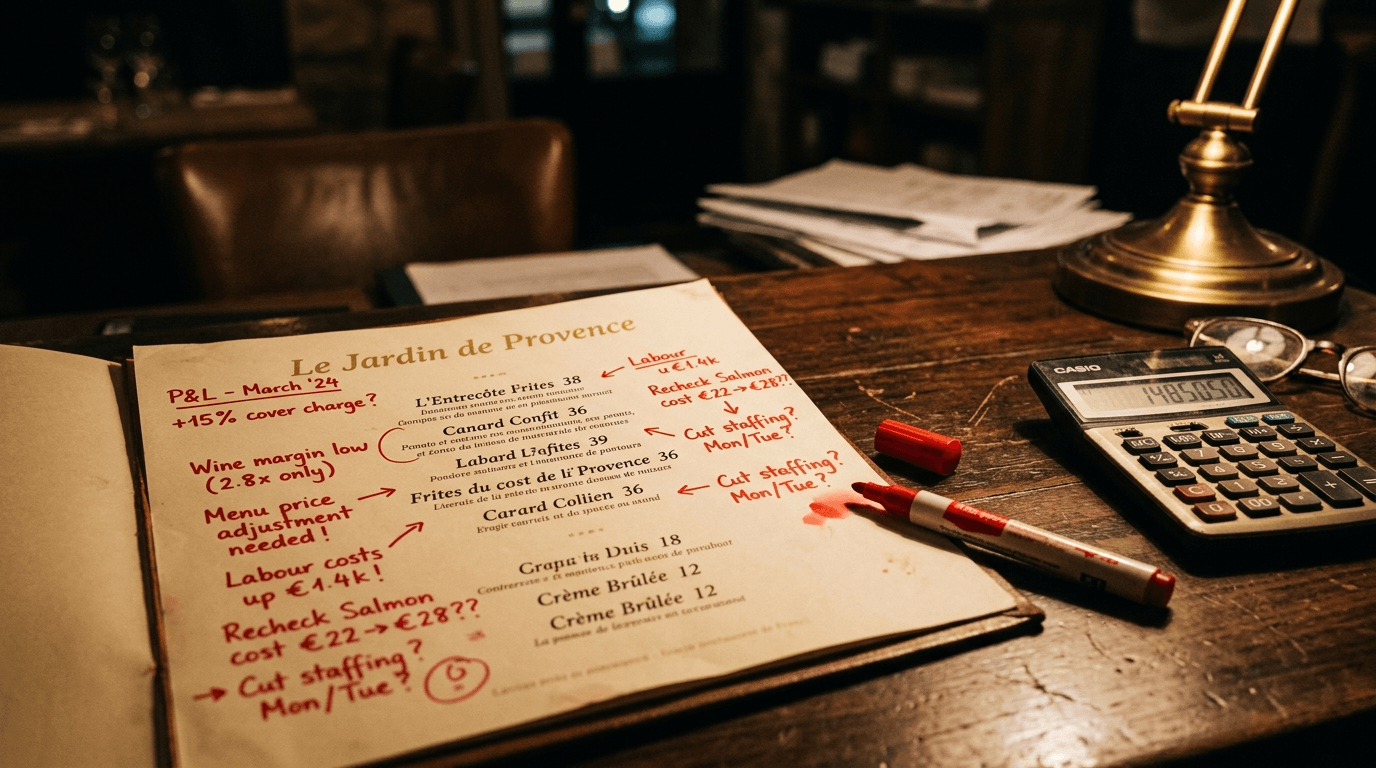 Carte restaurant étalée avec marqueur rouge, notes de marge annotées et calculatrice Carte restaurant étalée avec marqueur rouge, notes de marge annotées et calculatrice