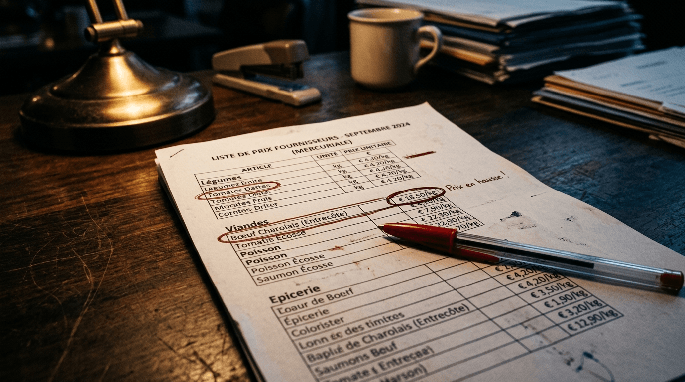 Liste de prix fournisseurs avec certains prix entourés en rouge, stylo rouge sur bureau Liste de prix fournisseurs avec certains prix entourés en rouge, stylo rouge sur bureau