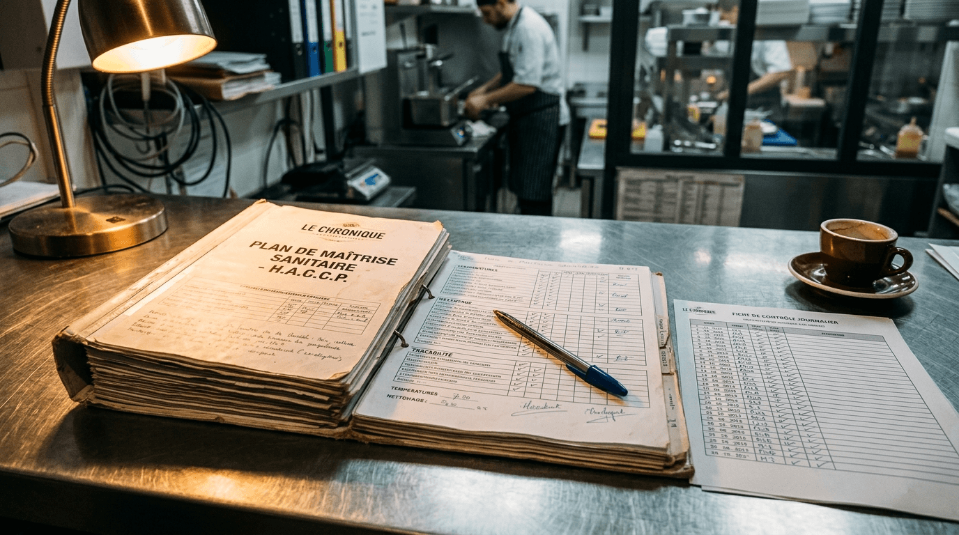 Classeur PMS ouvert avec checklist HACCP, stylo et tasse de café sur bureau métallique Classeur PMS ouvert avec checklist HACCP, stylo et tasse de café sur bureau métallique