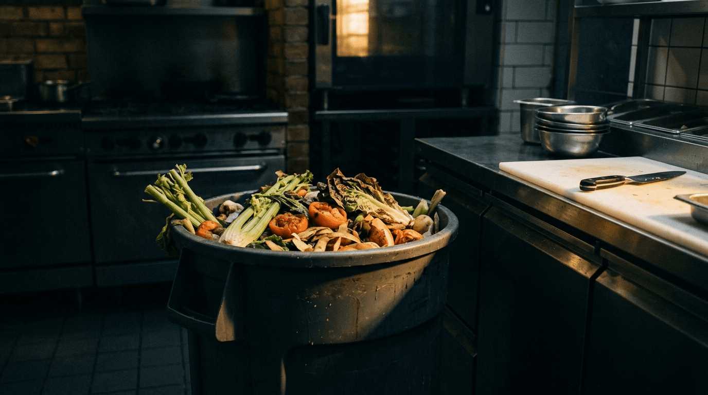 Poubelle cuisine avec légumes flétris et déchets alimentaires, éclairage dramatique Poubelle cuisine avec légumes flétris et déchets alimentaires, éclairage dramatique