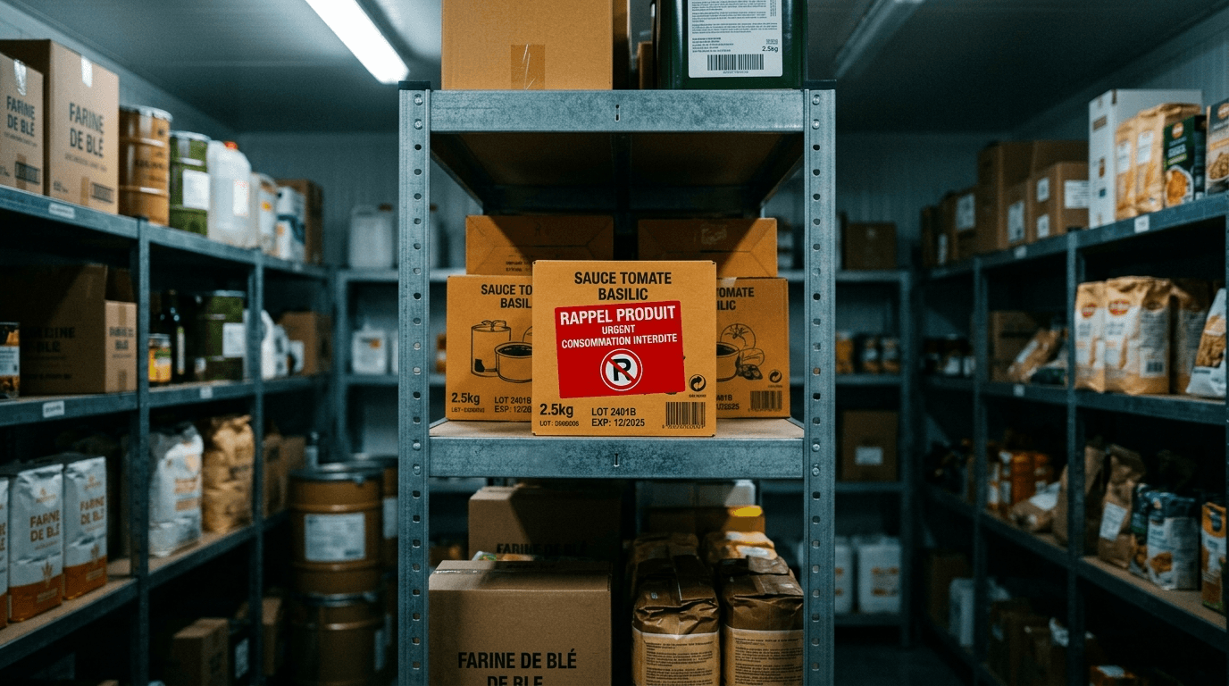 Produit alimentaire sur étagère de réserve avec étiquette rouge RAPPEL PRODUIT Produit alimentaire sur étagère de réserve avec étiquette rouge RAPPEL PRODUIT
