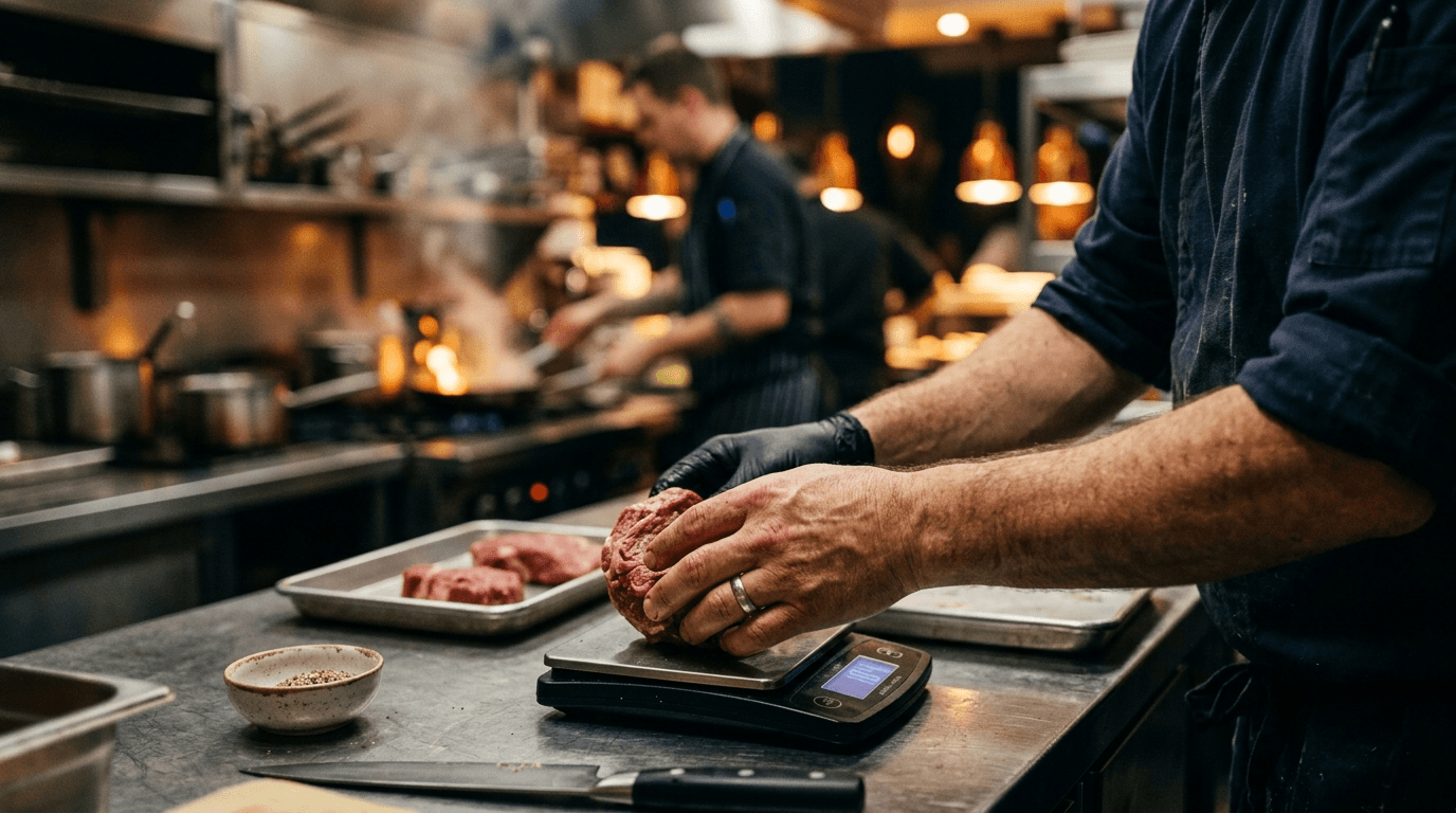 Mains de chef pesant précisément une portion de protéine sur balance au pass Mains de chef pesant précisément une portion de protéine sur balance au pass