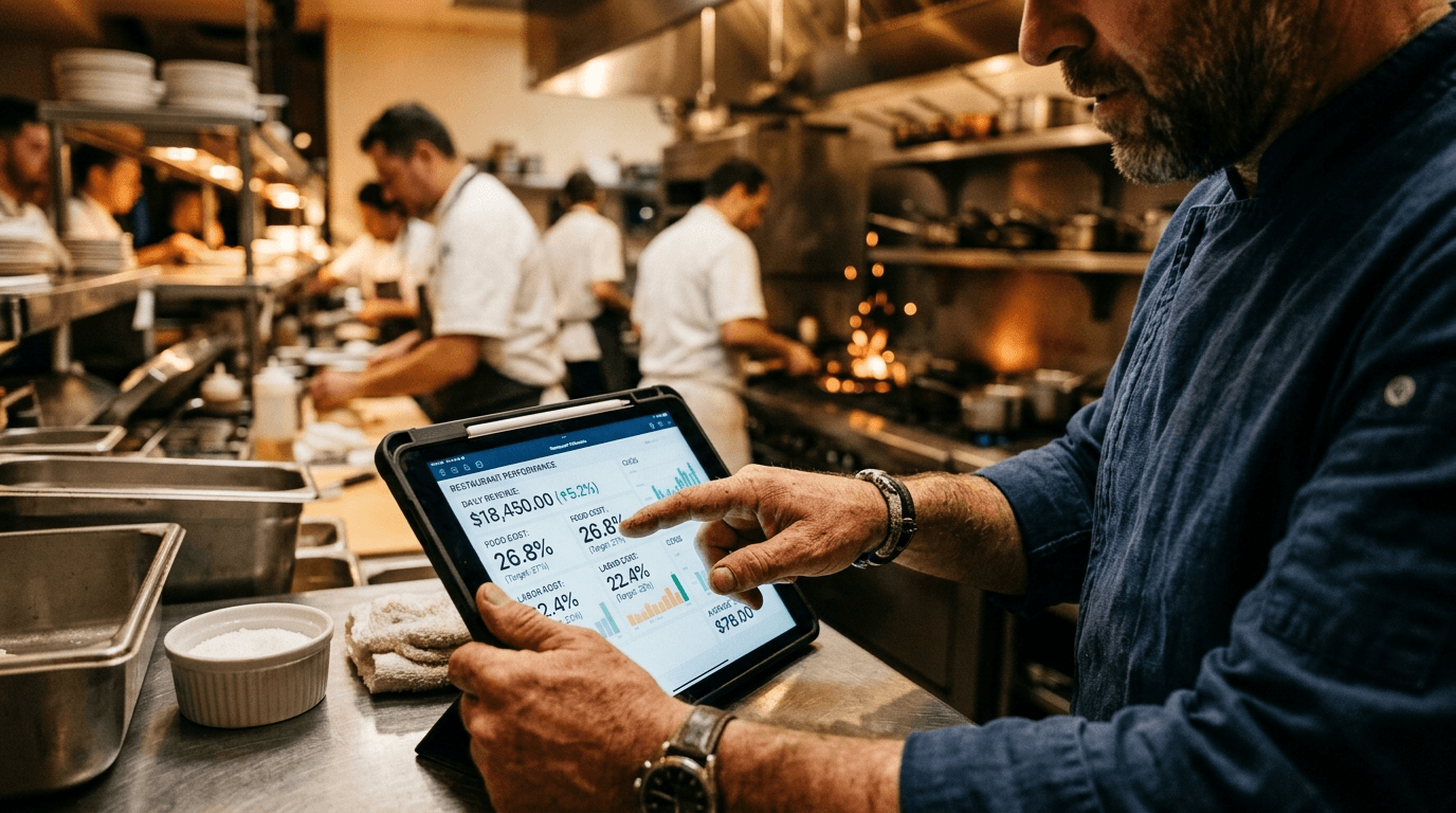 Doigt d'un chef pointant un dashboard KPI sur iPad, brigade cuisine floue en arrière-plan Doigt d'un chef pointant un dashboard KPI sur iPad, brigade cuisine floue en arrière-plan
