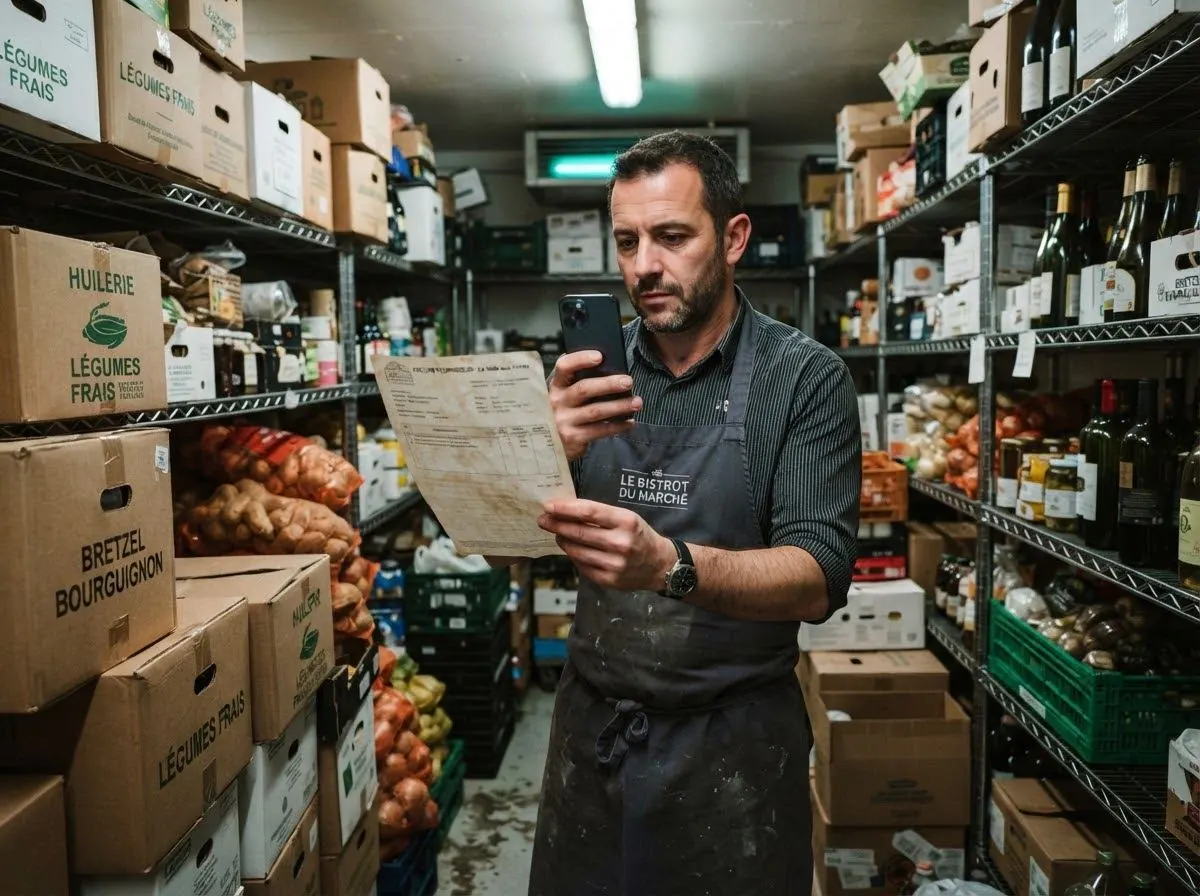 Un chef dans sa réserve photographie une facture fournisseur avec son téléphone