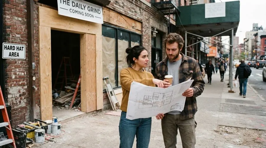 Un jeune couple devant la vitrine de son futur restaurant, plans à la main