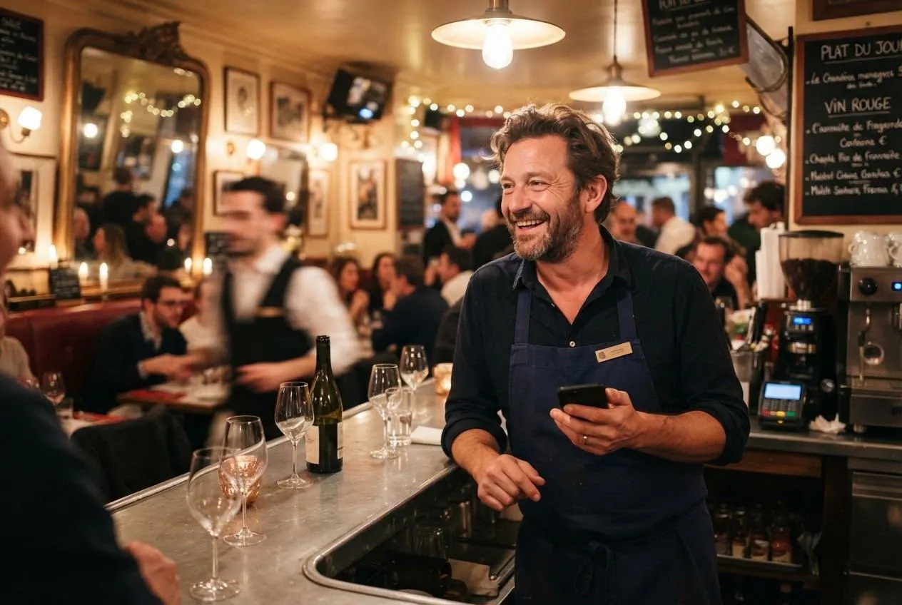 Un patron de bistrot souriant, téléphone en main, derrière son comptoir en plein service