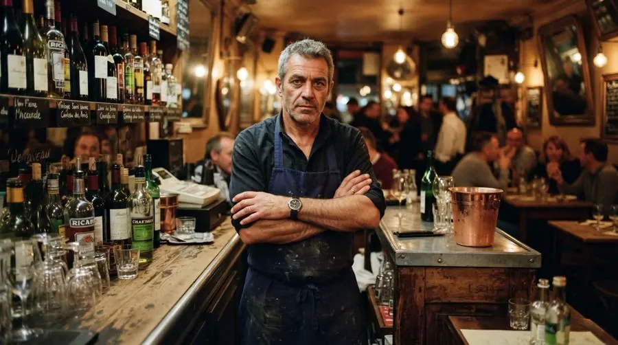 Un patron de bistrot, bras croisés derrière son bar, pendant le service