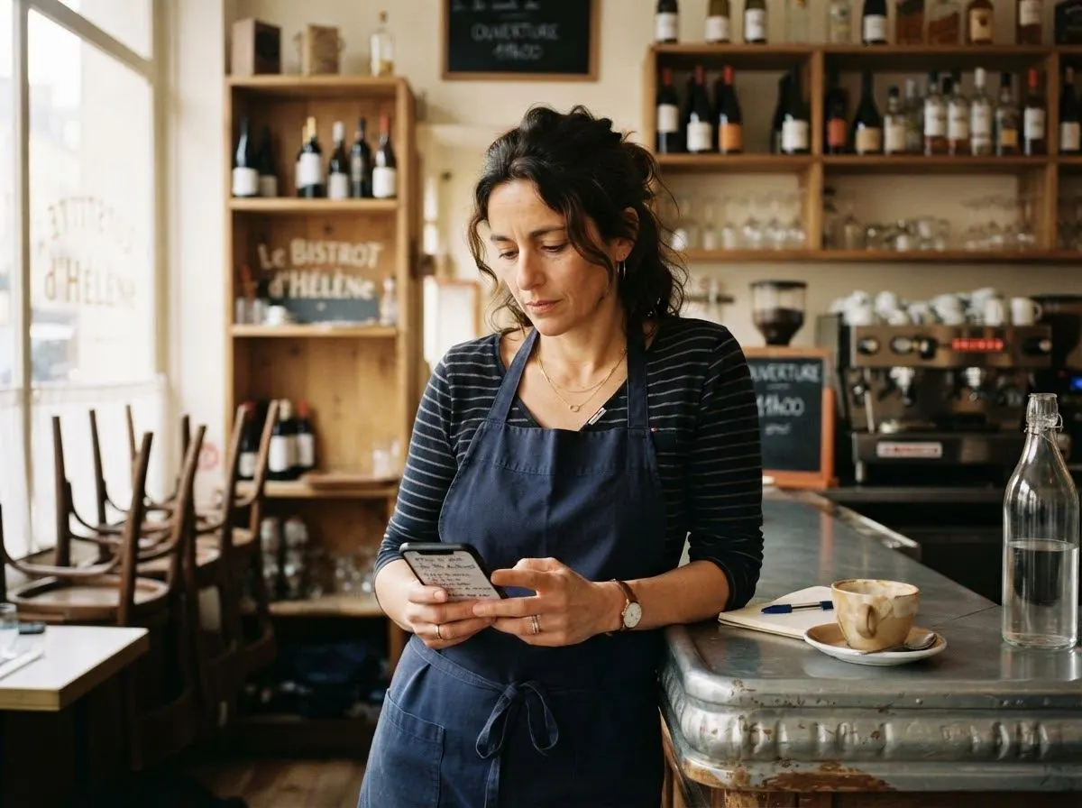 Une restauratrice au comptoir de son bistrot, qui consulte son téléphone avant le service