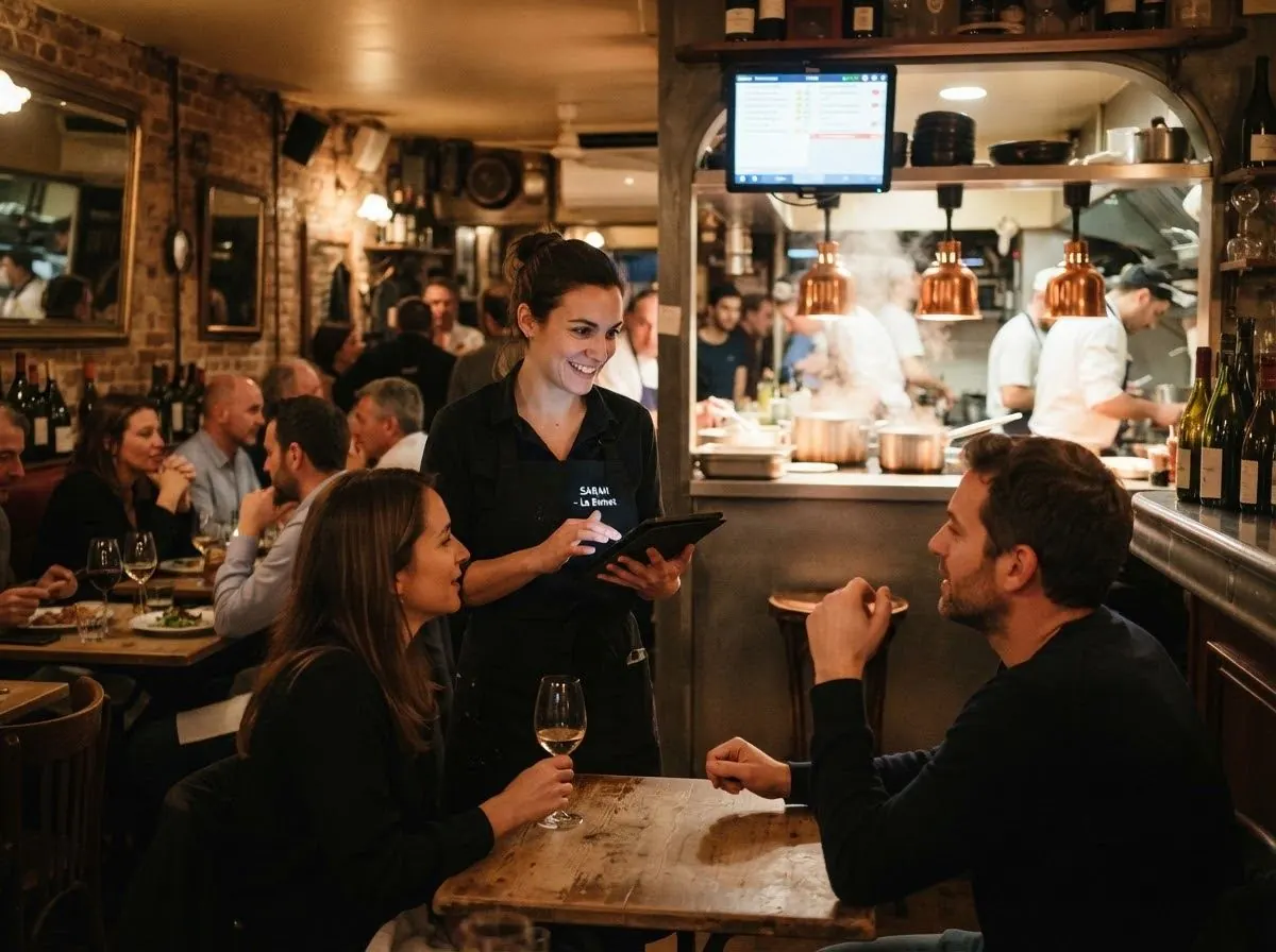 Une serveuse prend la commande sur tablette à une table de deux clients dans une salle animée